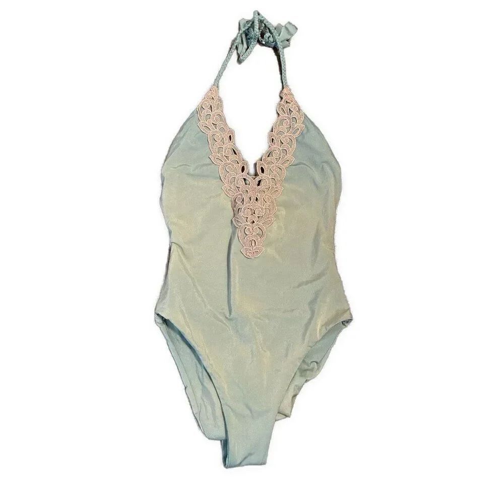 Blue Life Green Beige Lace Scrunch Butt One Piece Bathing suit Swim Suit Medium